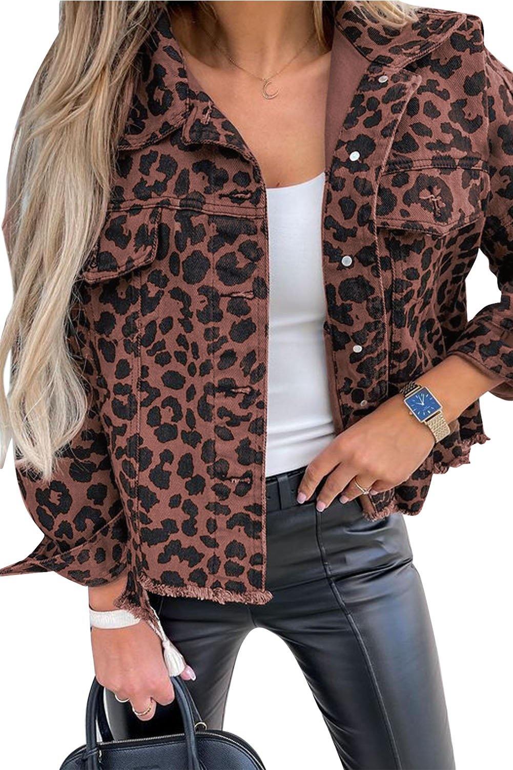 Leopard Print Raw Hem Buttoned Cropped Jacket - L & M Kee, LLC