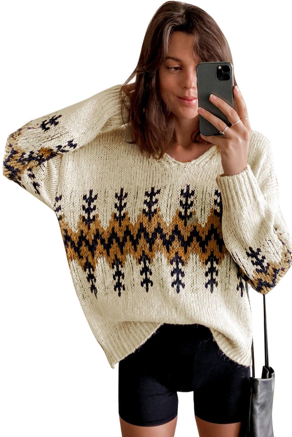Slouchy Fit Christmas Tree Print V Neck Knit Sweater - L & M Kee, LLC