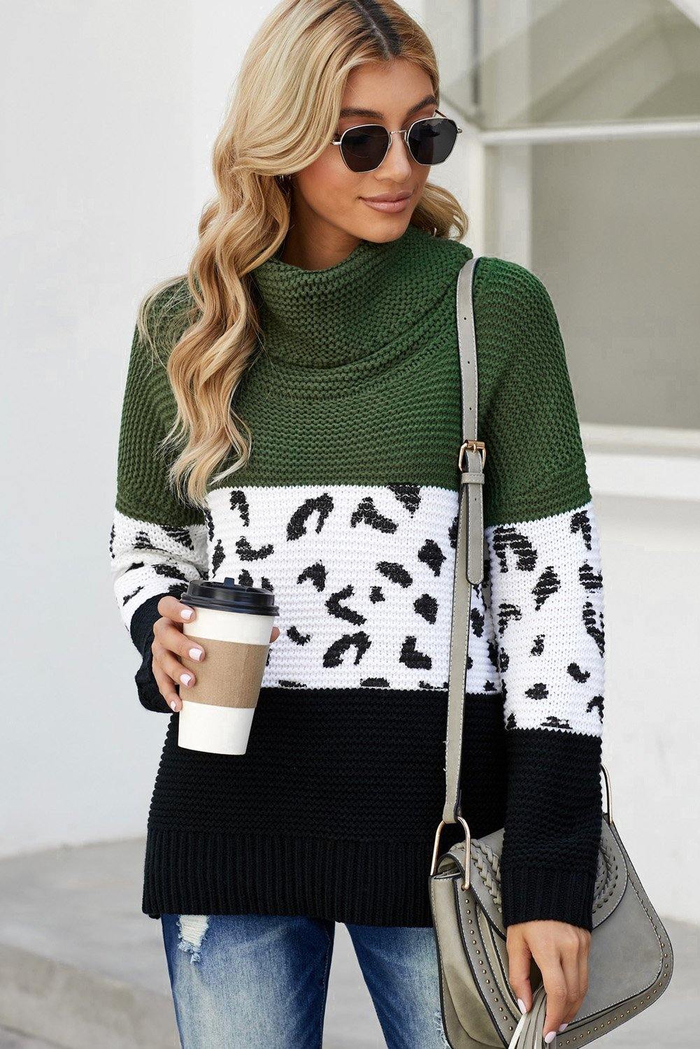 Turtleneck Splicing Chunky Knit Pullover Sweater - L & M Kee, LLC