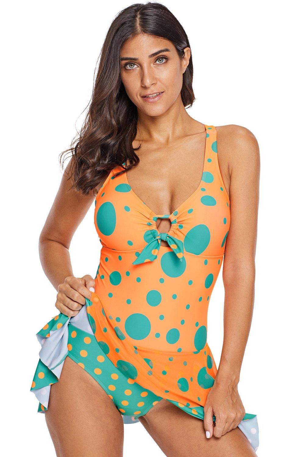 Blue Polka Dot Print One-piece Swim Dress - L & M Kee, LLC