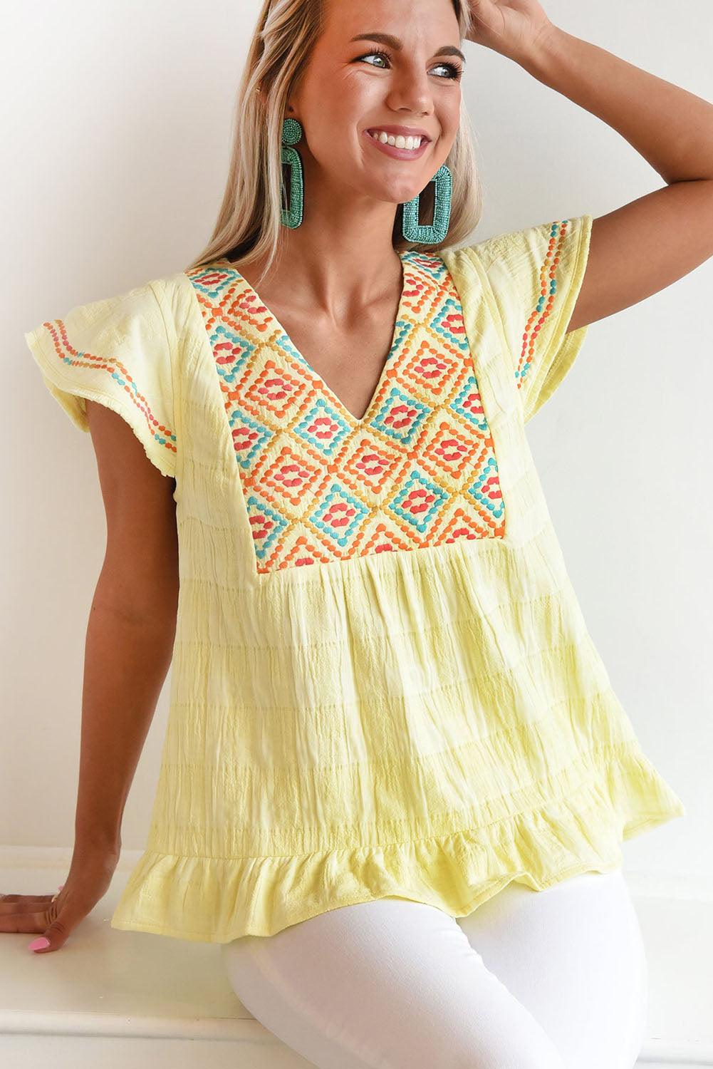 Geometric Embroidery Textured Top with Ruffles - L & M Kee, LLC