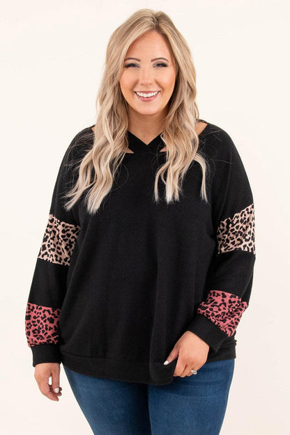 Plus Size Leopard Patchwork Strappy Neck Top - L & M Kee, LLC