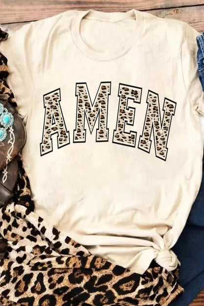 Khaki AMEN Leopard Print Short Sleeve Graphic T Shirt - L & M Kee, LLC