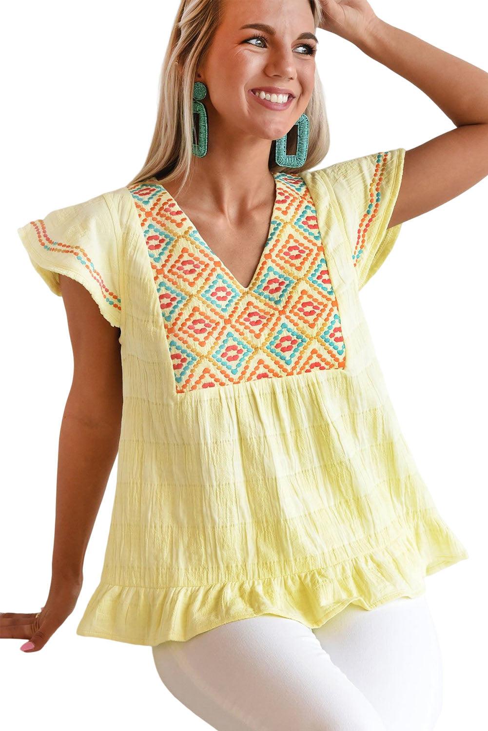 Geometric Embroidery Textured Top with Ruffles - L & M Kee, LLC