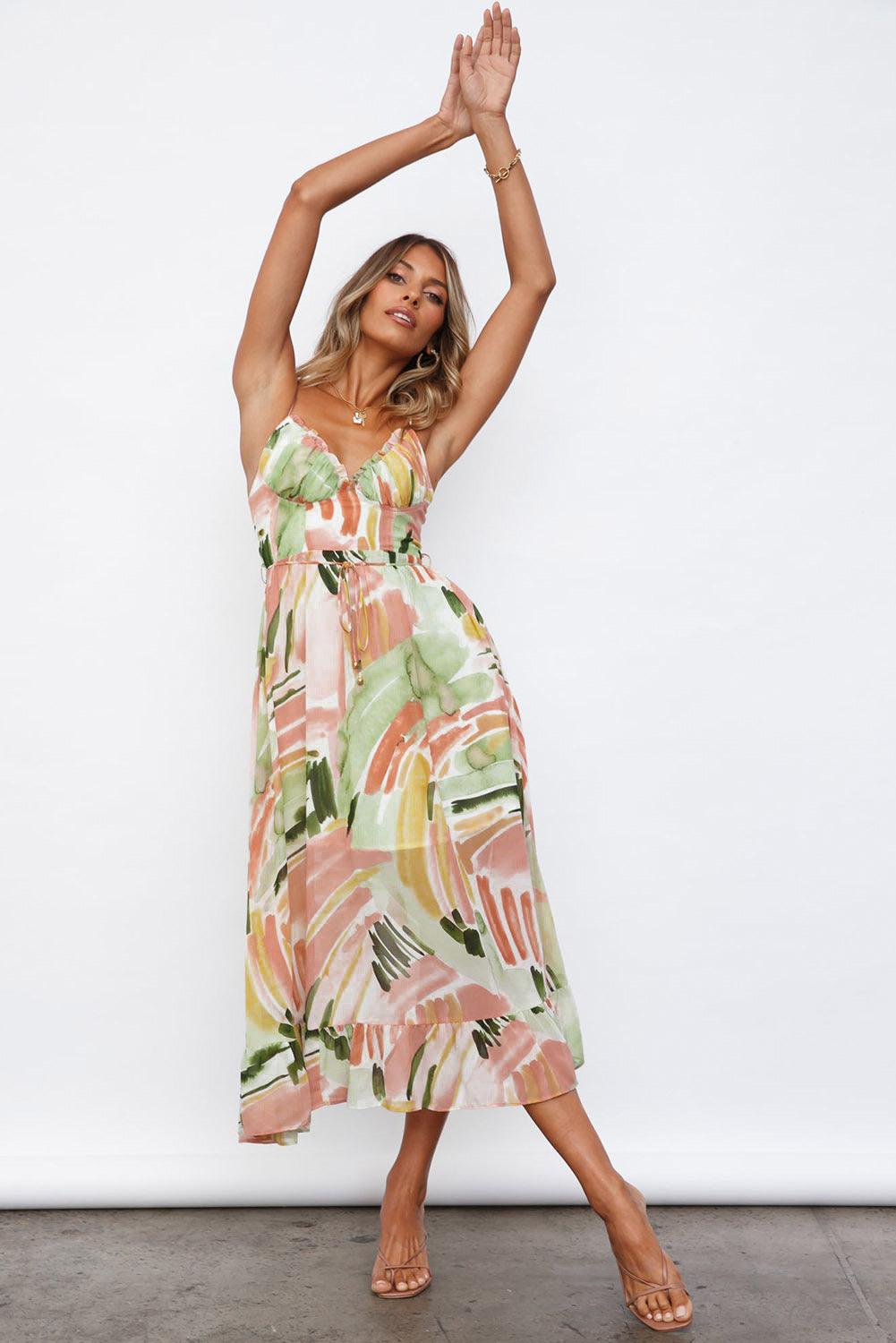 Multicolor Spaghetti Straps Graffti Print Long Dress - L & M Kee, LLC