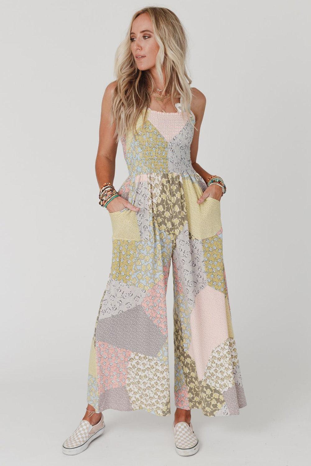 Multicolor Irregular Patchwork Print Smocked Wide Leg Jumpsuit - L & M Kee, LLC