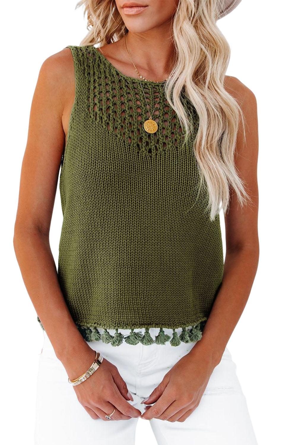 Tasseled Crochet Hollow-out Knit Tank - L & M Kee, LLC