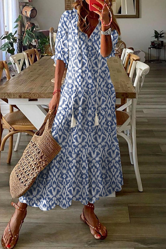 Sky Blue V Neck Casual Geometric Print Maxi Dress - L & M Kee, LLC