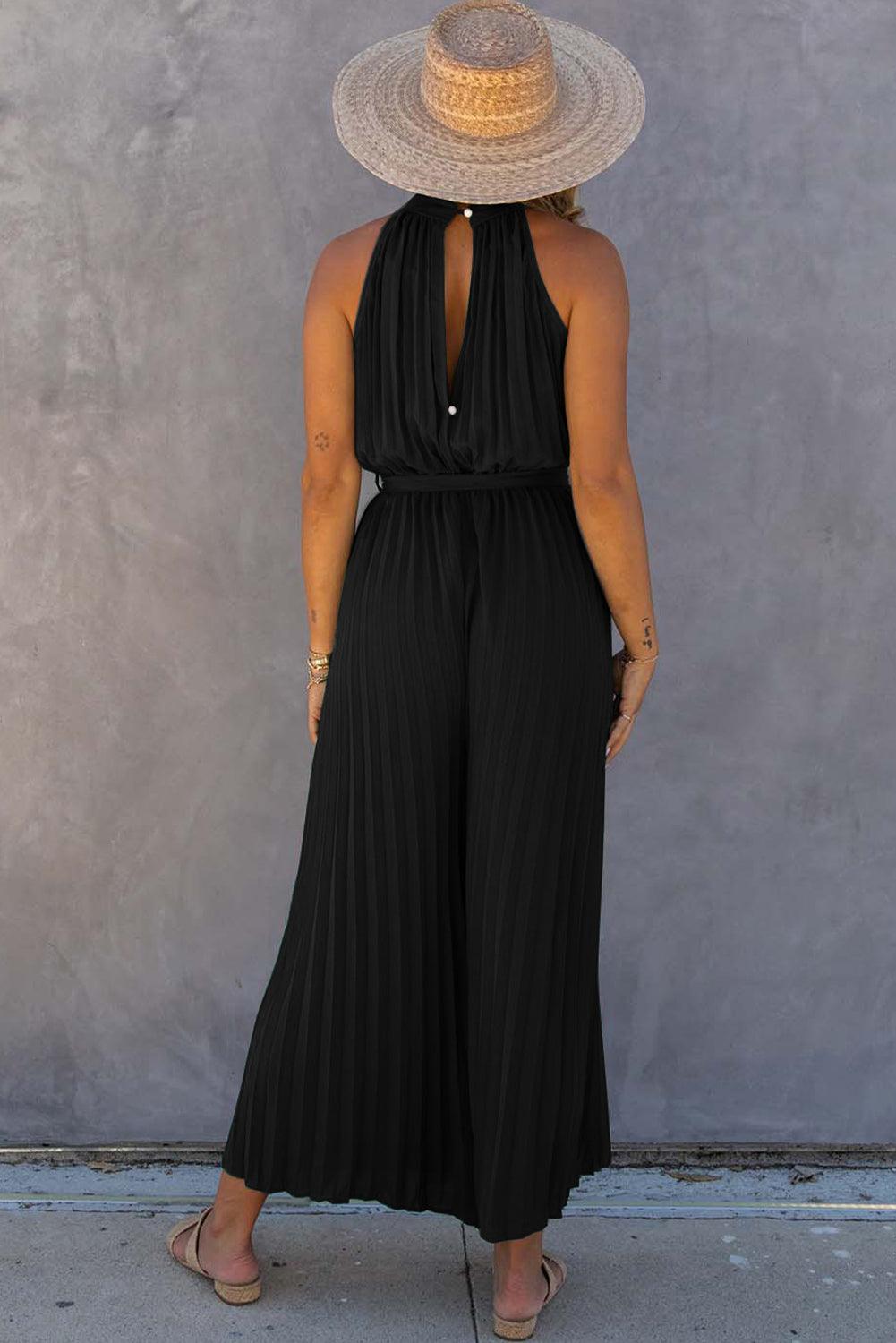 Halter Neck Pleated Wide Leg Jumpsuit with Belt - L & M Kee, LLC