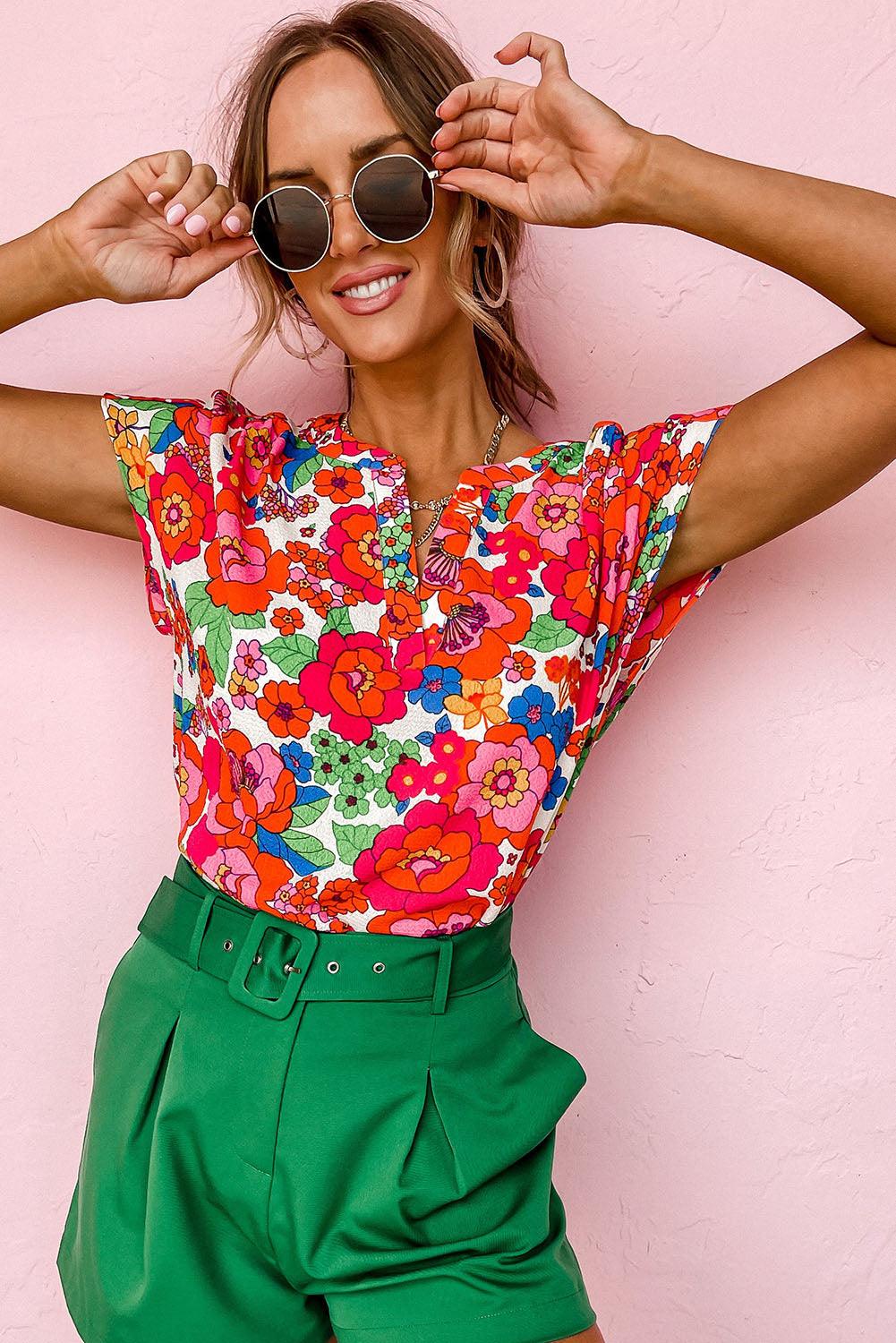 Floral Split Neck Top - L & M Kee, LLC