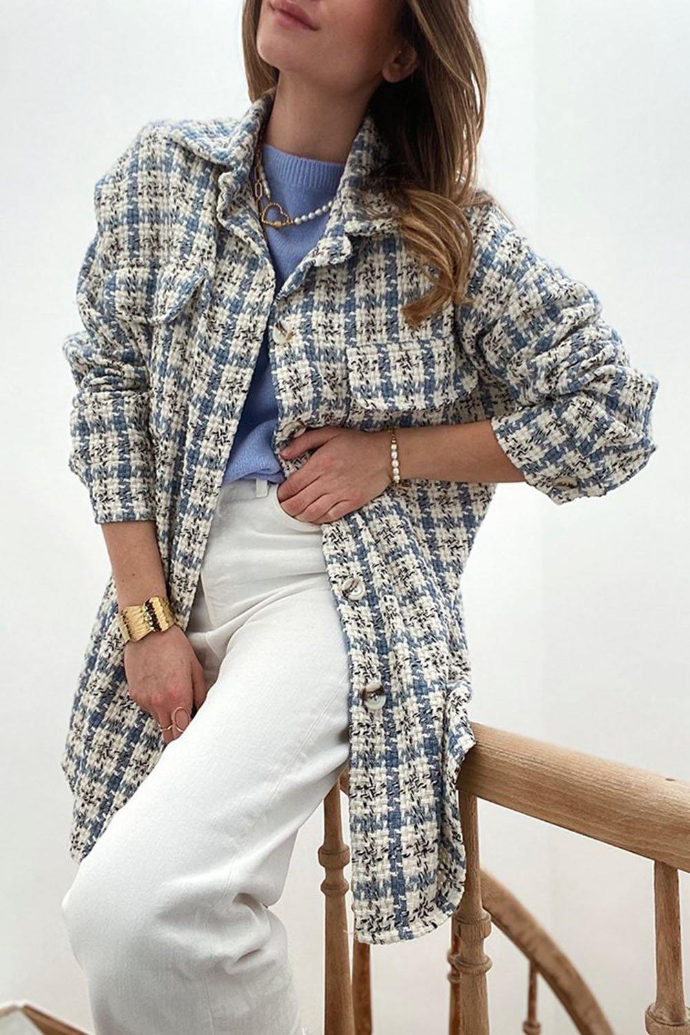 Khaki Plaid Print Button Knitted Coat with Pocket - L & M Kee, LLC