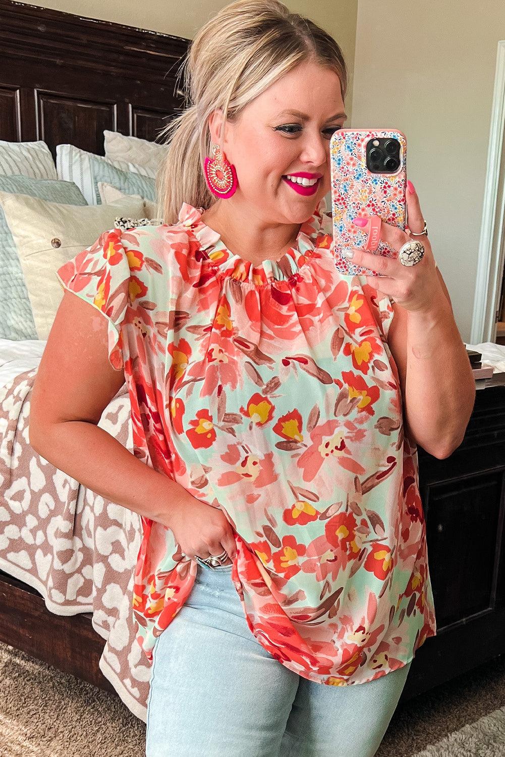 Red Plus Size Watercolor Floral Print Frill Neck Blouse - L & M Kee, LLC