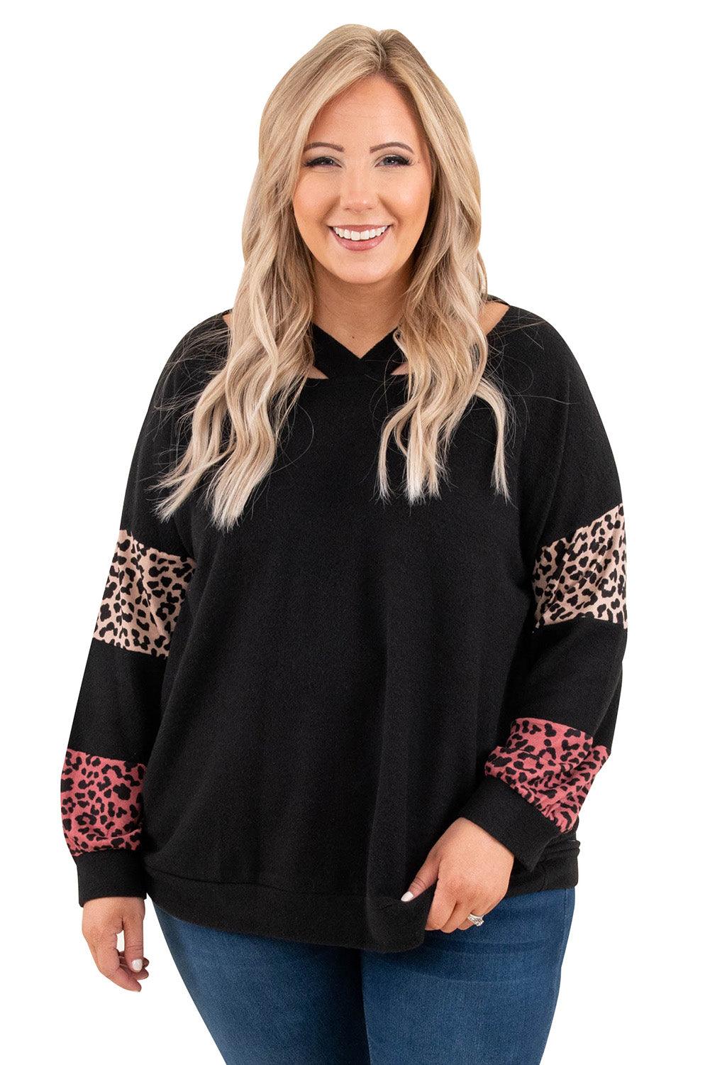 Plus Size Leopard Patchwork Strappy Neck Top - L & M Kee, LLC