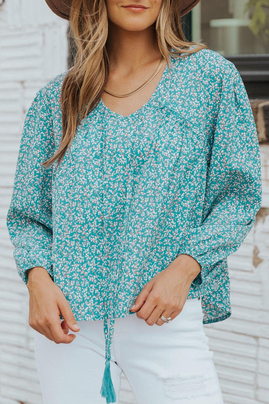 Floral Print Drawstring High Low V Neck Blouse - L & M Kee, LLC