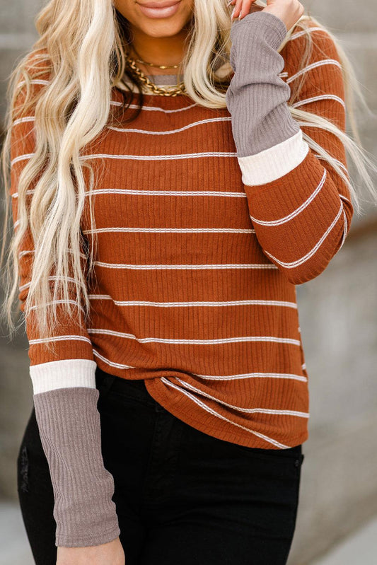 Extend Color Block Cuffs Rib Knit Striped Pullover - L & M Kee, LLC