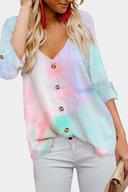 V-neck Long Sleeve Tie-dye Blouse With Buttons Closure - L & M Kee, LLC