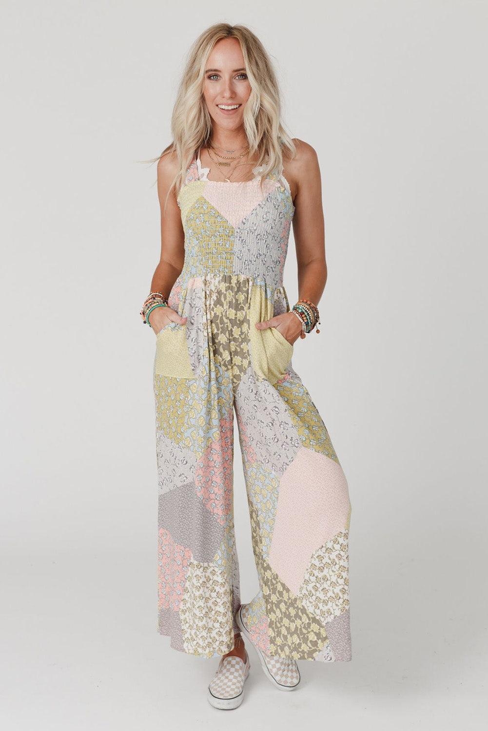 Multicolor Irregular Patchwork Print Smocked Wide Leg Jumpsuit - L & M Kee, LLC