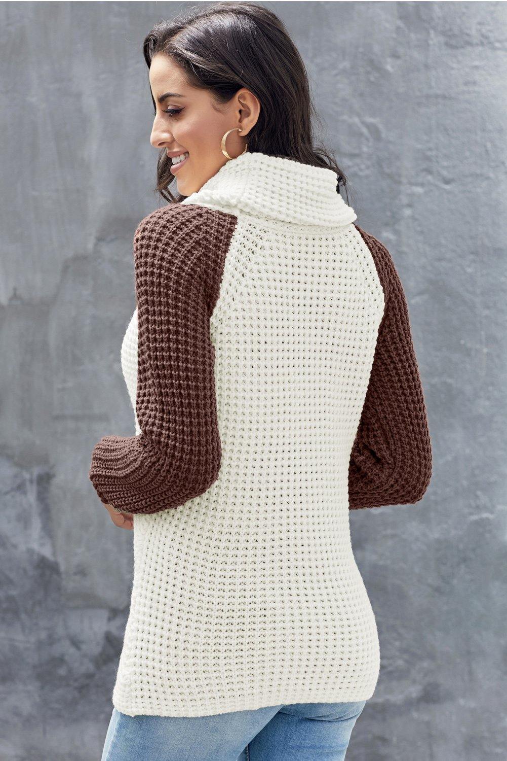 Button Turtle Cowl Neck Asymmetric Hem Wrap Pullover Sweater - L & M Kee, LLC