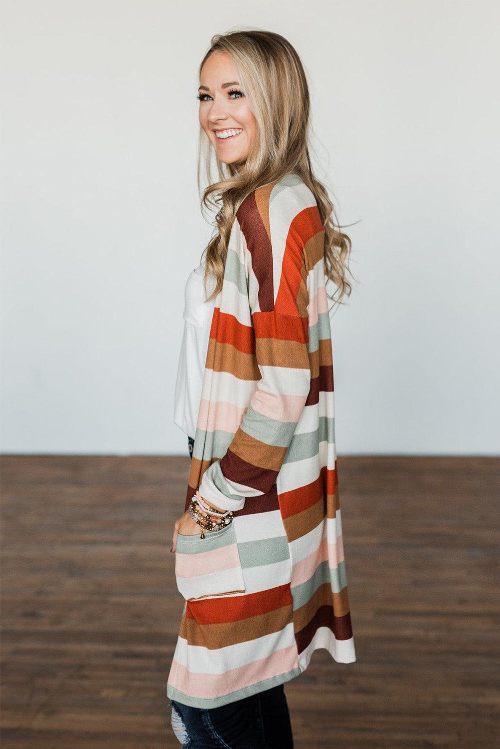 Multicolor Striped Print Pockets Open Front Cardigan - L & M Kee, LLC