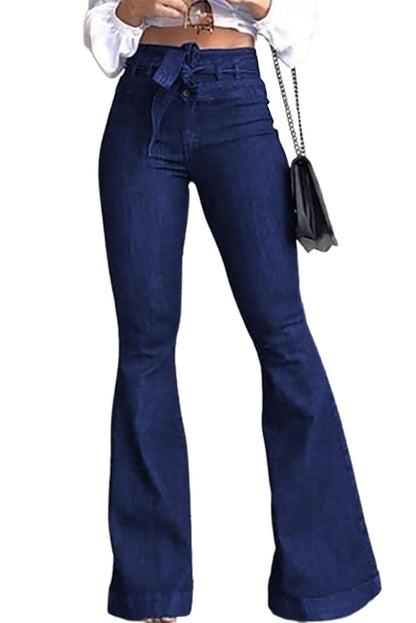 High Waist Bell Bottom Jeans with Attached Belt - L & M Kee, LLC