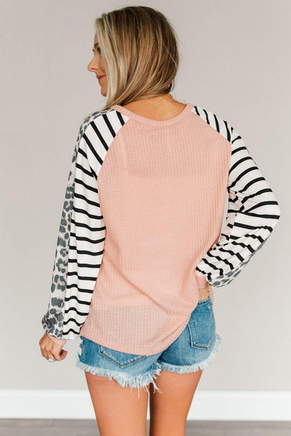 Animal Striped Sleeve Patchwork Waffle Knit Top - L & M Kee, LLC