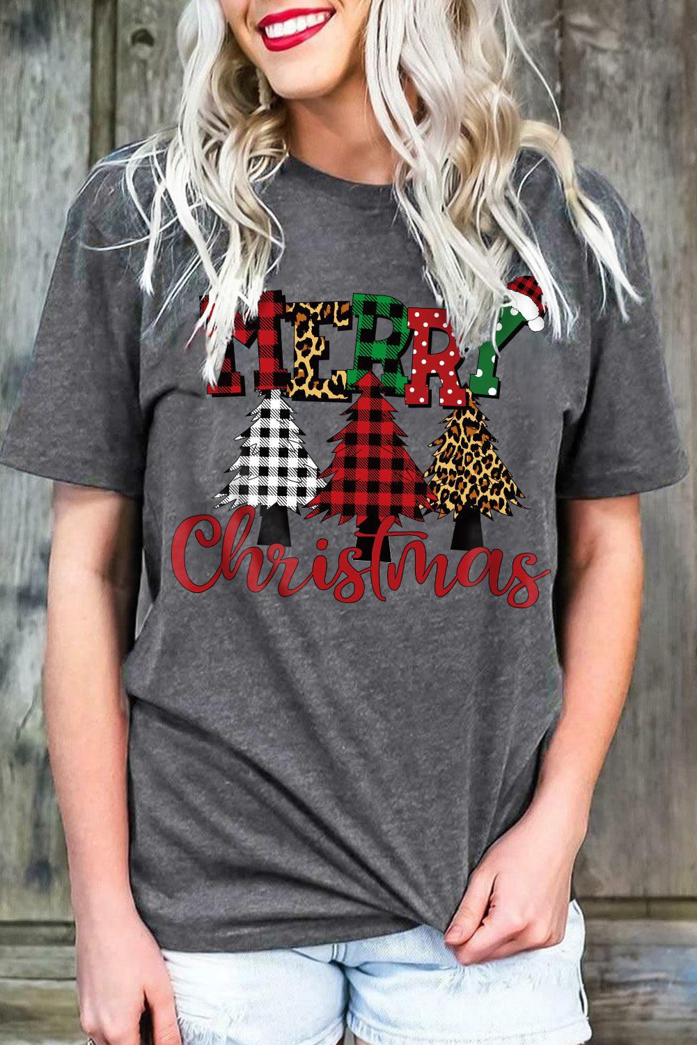 Merry Christmas Trees Graphic Print Short Sleeve T Shirt - L & M Kee, LLC