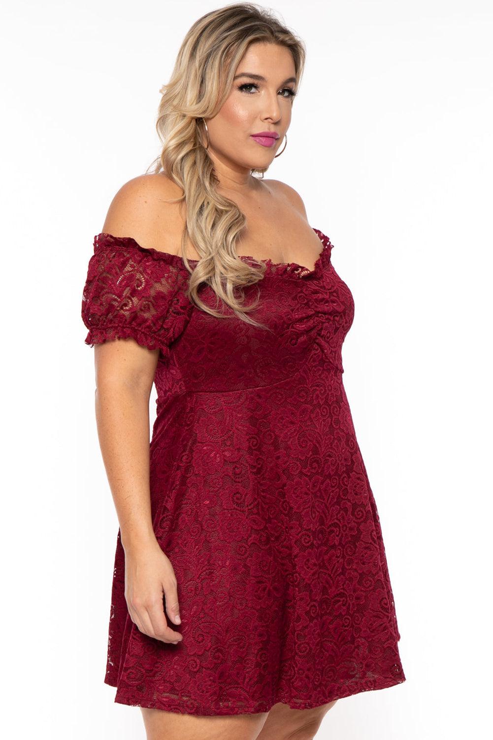 Lace Frill Bubble Sleeve Off Shoulder Plus Size Dress - L & M Kee, LLC