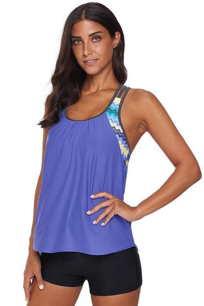 Blouson Striped Printed Strappy T-Back Push up Tankini Top - L & M Kee, LLC