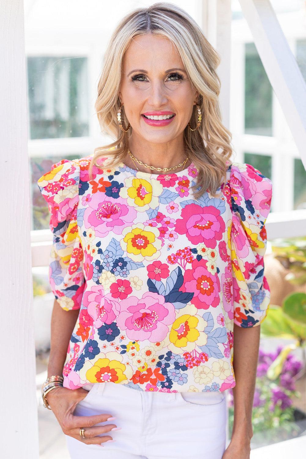 Ruched Puff Sleeve Floral Blouse