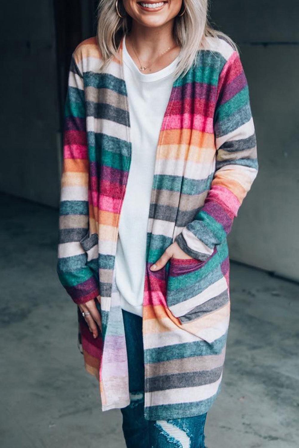 Multicolor Striped Print Long Sleeve Open Front Long Cardigan - L & M Kee, LLC