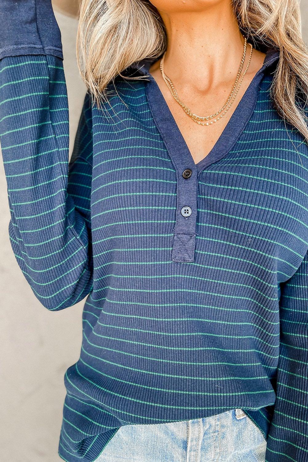 Striped Ribbed Knit Polo Top - L & M Kee, LLC