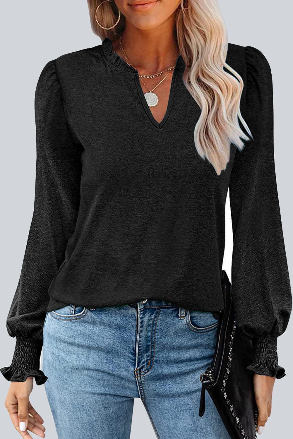 Frill V Neck Puff Long Sleeve Top - L & M Kee, LLC