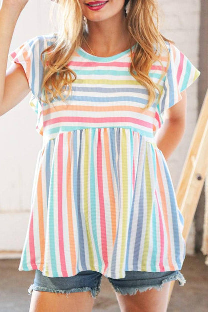 Multicolor Stripe Print Textured Knit Babydoll Blouse - L & M Kee, LLC