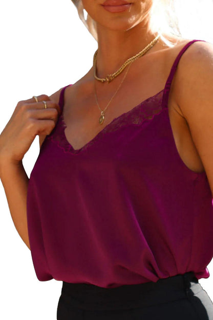 Lace Crochet V Neck Spaghetti Strap Satin Tank Top - L & M Kee, LLC