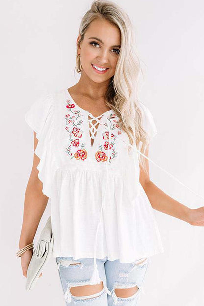 Floral Embroidered Ruffled Lace-up V Neck Top