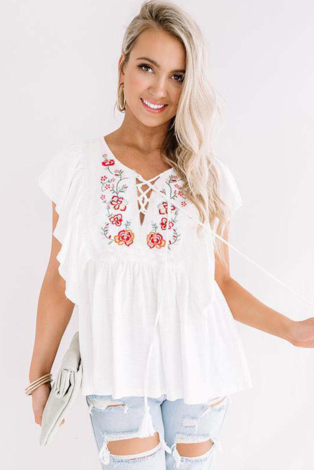 Floral Embroidered Ruffled Lace-up V Neck Top - L & M Kee, LLC