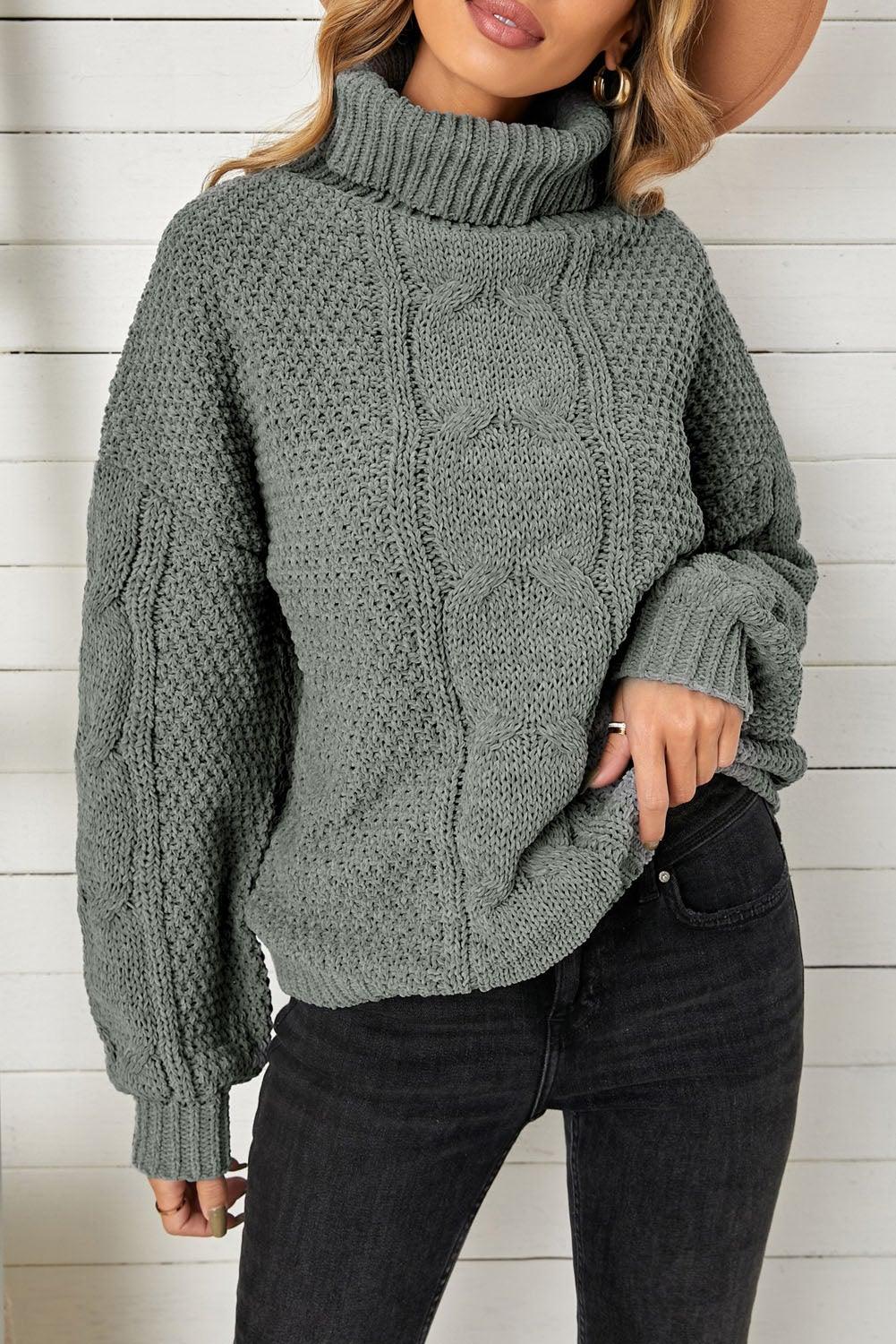 Solid Turtleneck Cable Knit Pullover Sweater - L & M Kee, LLC