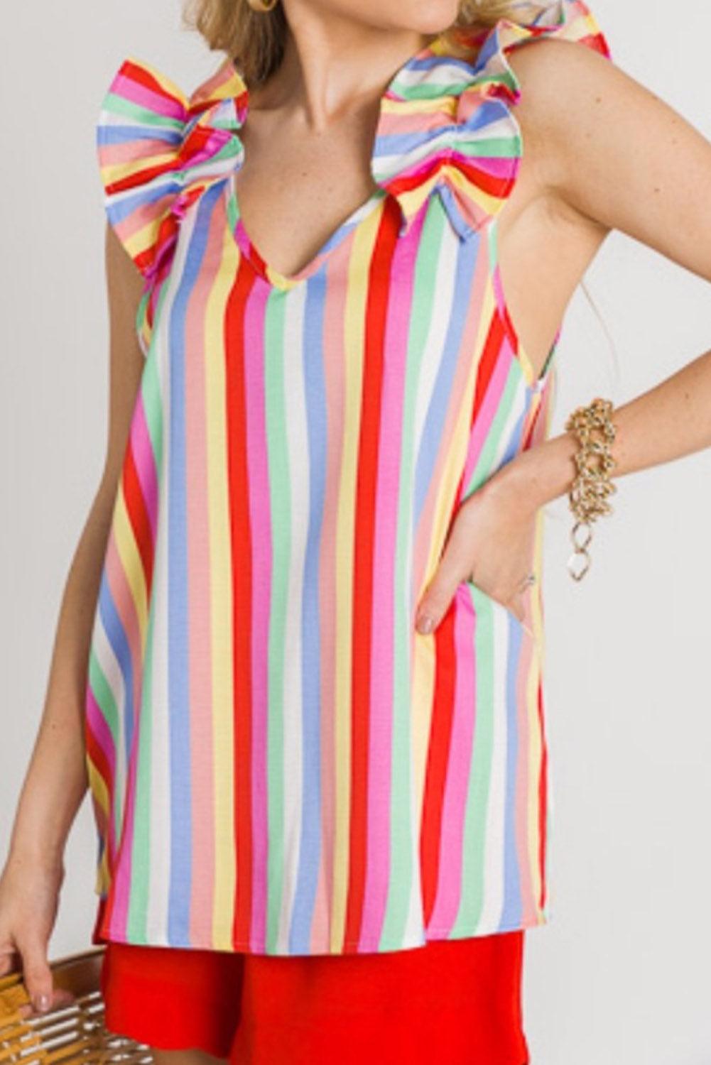 Multicolor Striped V Neck Ruffle Straps Tank Top - L & M Kee, LLC