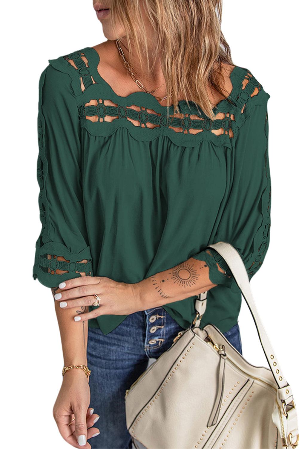 Green Drak Green Crochet Trim Hollow-out Blouse - L & M Kee, LLC