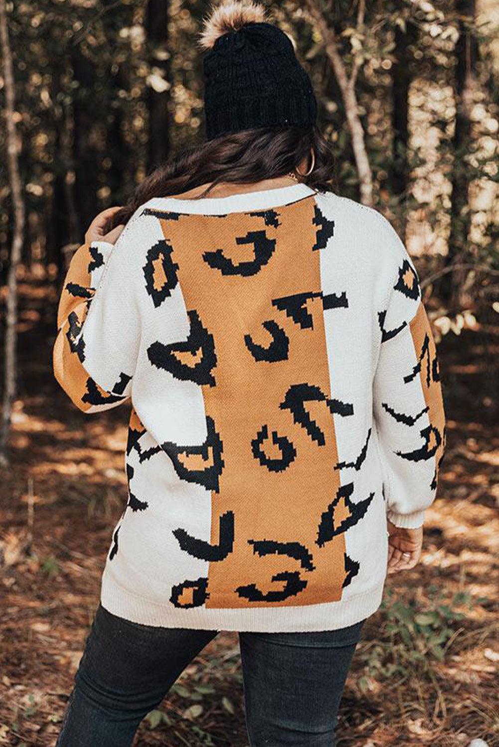 Leopard Print Colorblock Drop Shoulder Plus Size Sweater - L & M Kee, LLC