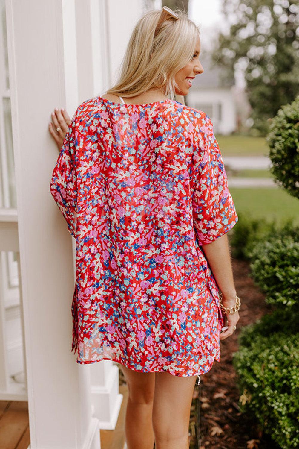 Abstract Floral Print Oversize Tunic Top - L & M Kee, LLC