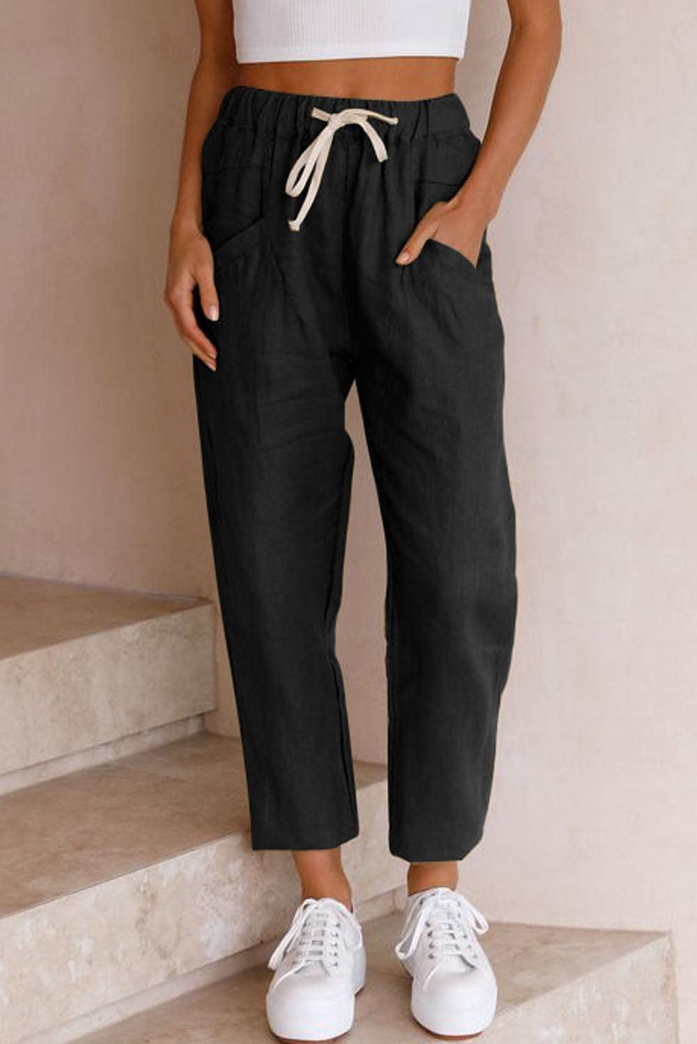 Solid Pocketed Drawstring High Waist Pants - L & M Kee, LLC