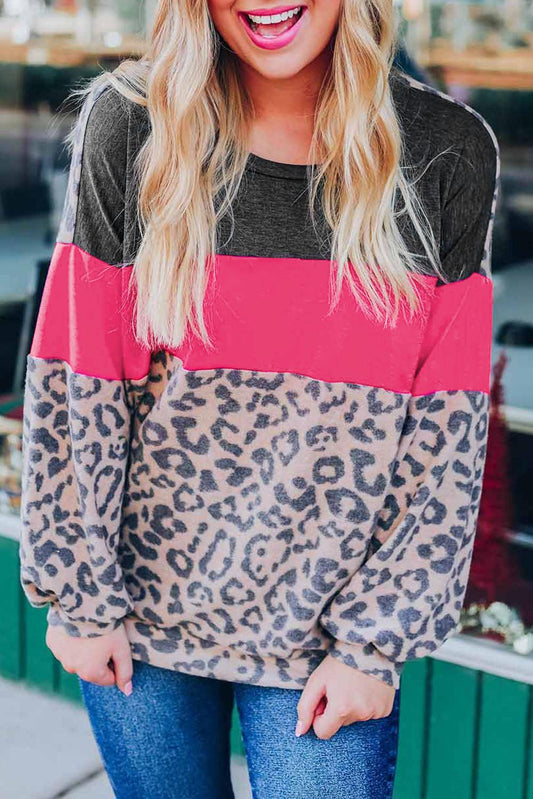 Color Block Leopard Patchwork Puff Sleeve Top - L & M Kee, LLC