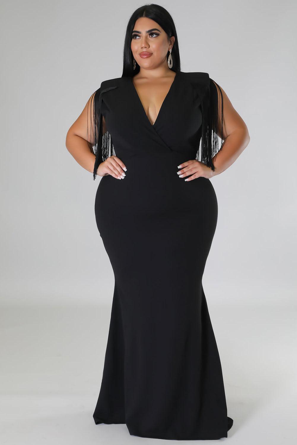 Plus Size Surplice V Neck Fringe Formal Maxi Dress - L & M Kee, LLC