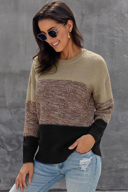 Gray Color Block Netted Texture Pullover Sweater - L & M Kee, LLC