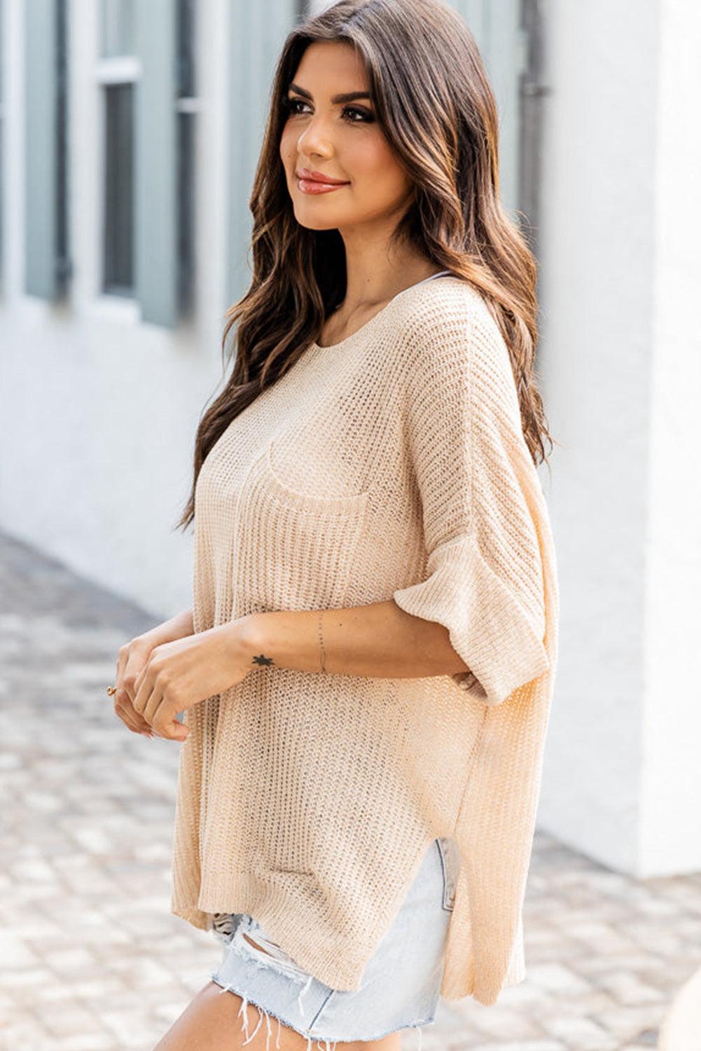 Loose Fit Split Pocket Half Sleeve Knitted Top - L & M Kee, LLC