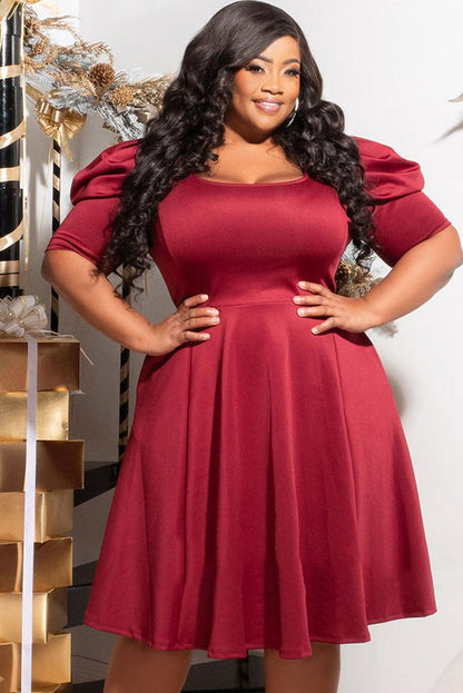 Plus Size Ruched Puff Sleeves Fit Flare Midi Dress - L & M Kee, LLC