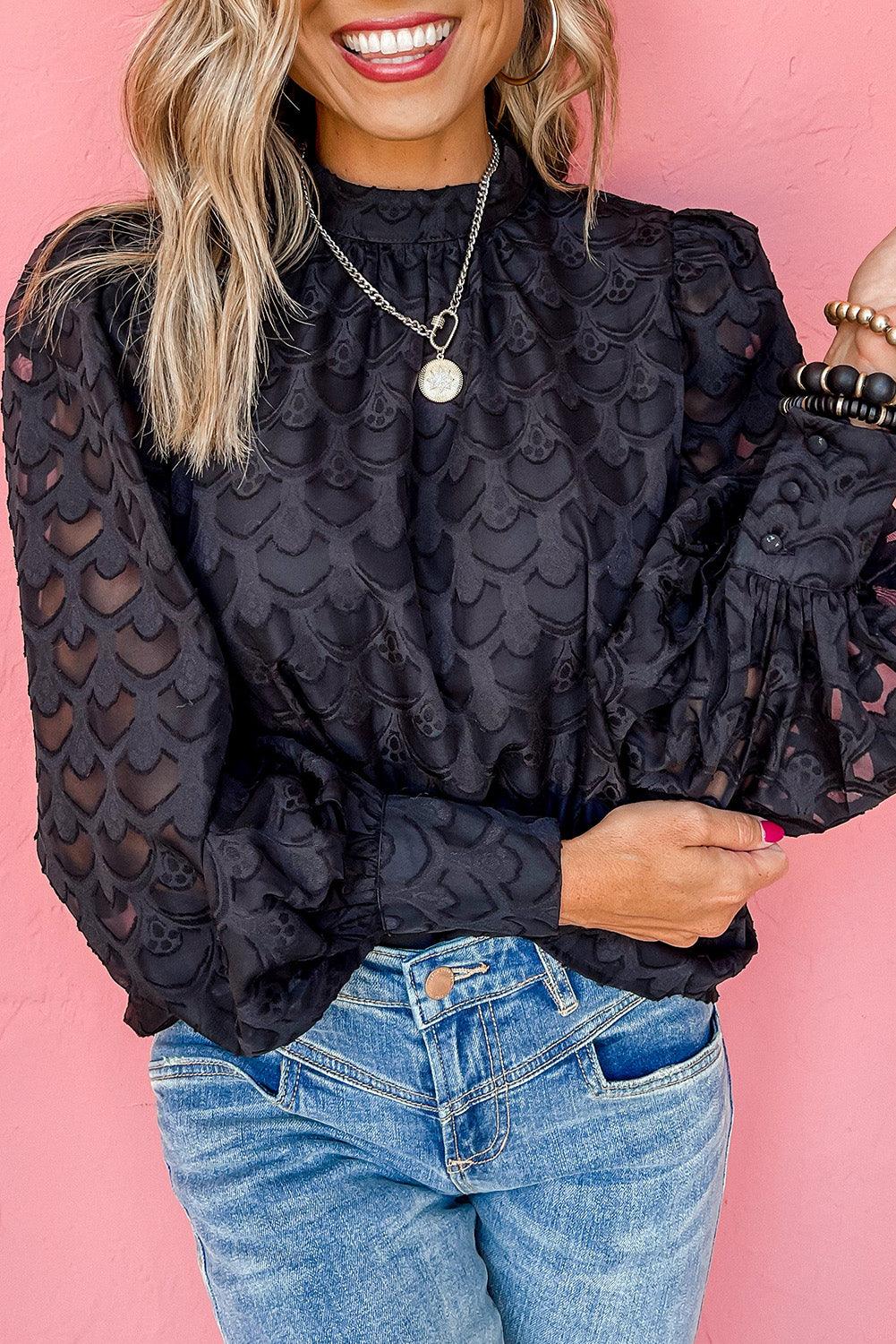 Lace-up Mock Neck Bubble Sleeves Blouse - L & M Kee, LLC