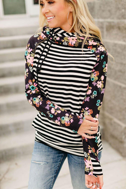 Striped Floral Print Long Sleeve Zipper Hoodie - L & M Kee, LLC