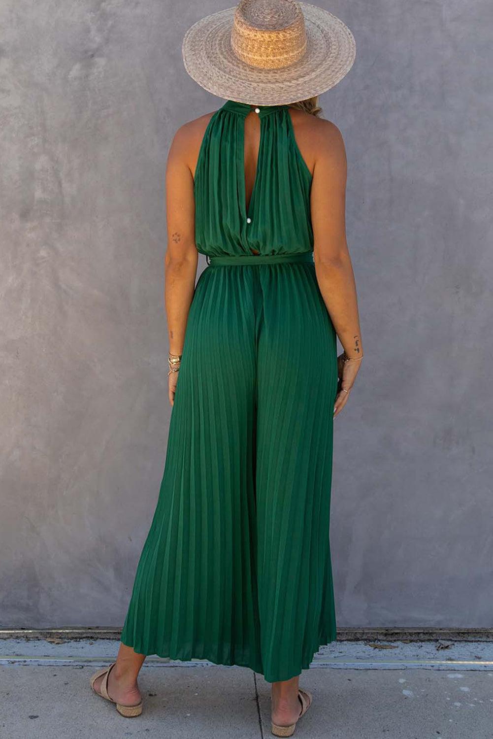 Halter Neck Pleated Wide Leg Jumpsuit with Belt - L & M Kee, LLC